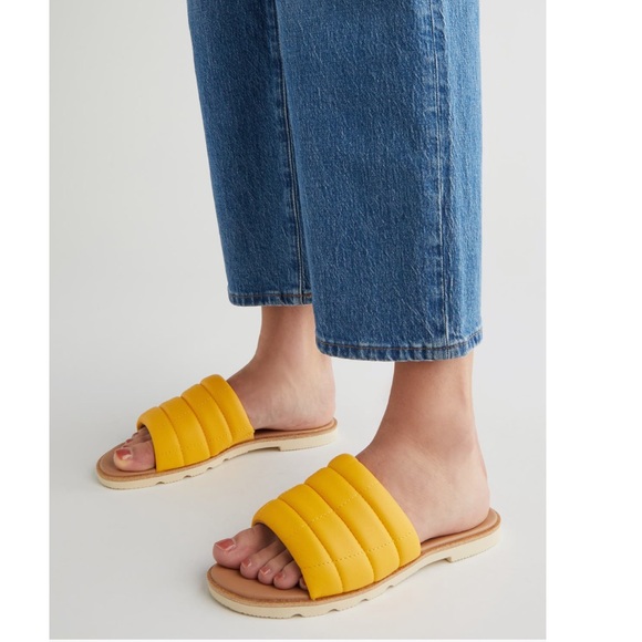 SOREL Women Ella III Quilted Puff Slide Sandal In Yellow Ray & Honey White Color - Picture 1 of 2